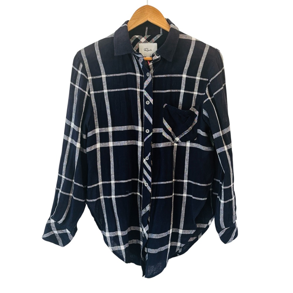 Rails x Free People Charli‎ Linen Blend Shirt XS Navy Hunter Plaid Button Down